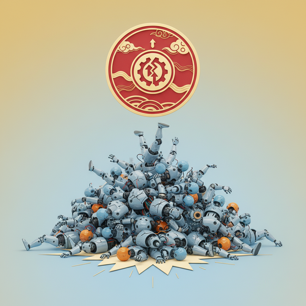 Infographic style, showing a Chinese official warning sign over a pile of humanoid robot figures, representing overinvestment and potential bubble burst. Bright, balanced lighting, a slightly textured background with a subtle gradient. No visible text.