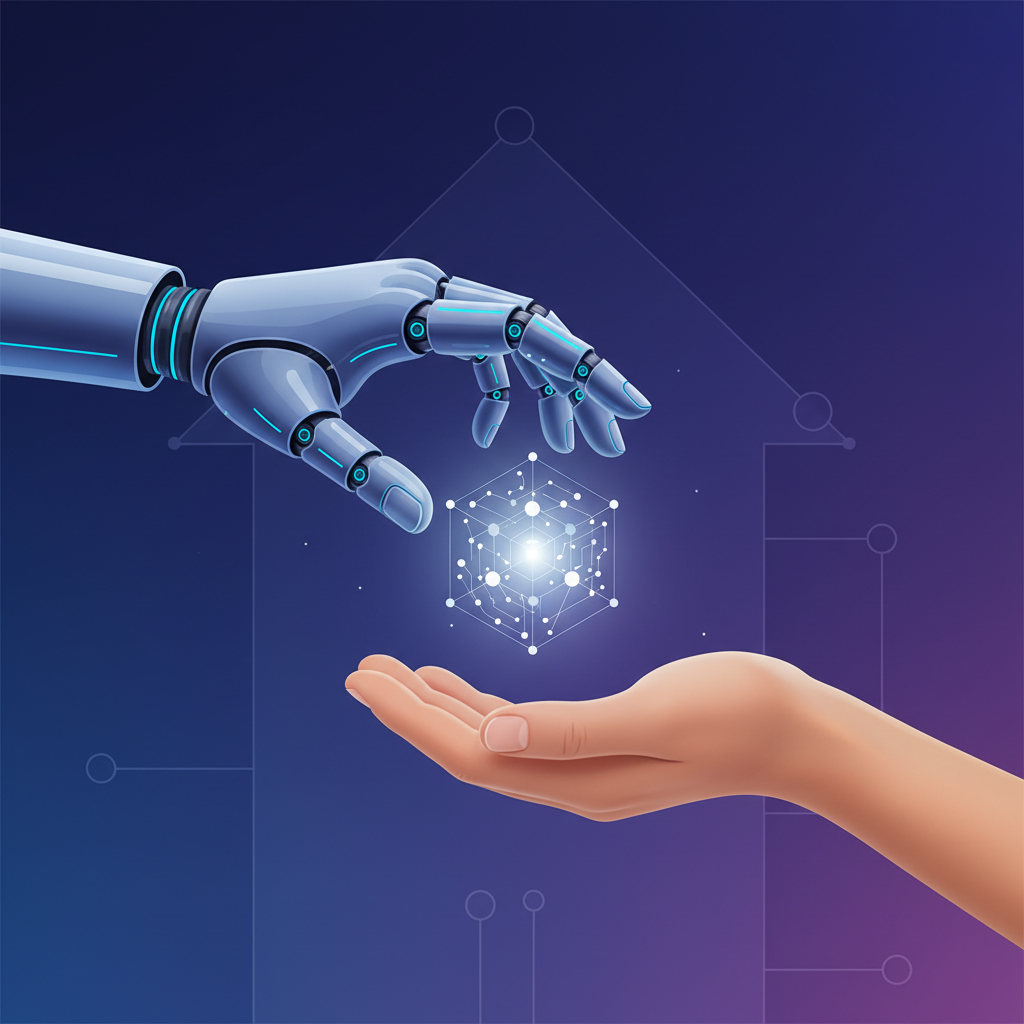 A robot hand and a human hand gently exchanging a data packet, symbolizing responsible data sharing and partnership between AI and humans. Clean infographic style, modern layout, high contrast, colored background, no text
