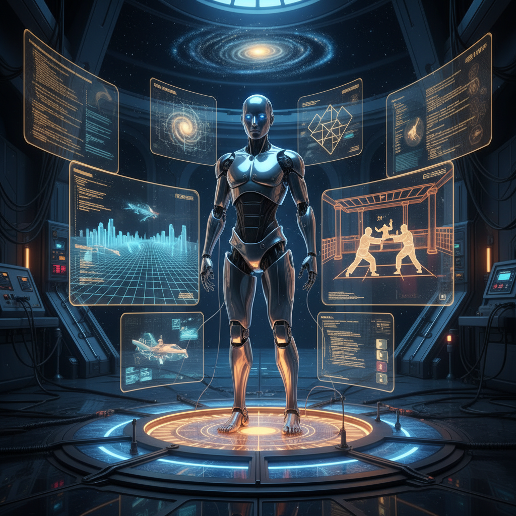 A humanoid robot learning in a virtual training environment, surrounded by simulated 3D spaces and holographic training scenarios. Warm orange and blue lighting creating depth, futuristic laboratory setting with technological elements. Robot positioned centrally with training simulations visible around it. No text.