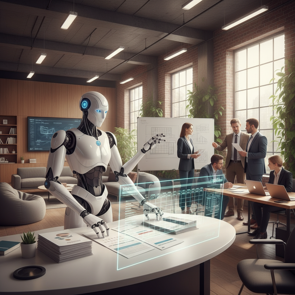 Modern office scene where a robot is efficiently handling routine administrative tasks like sorting documents and managing schedules, allowing human employees to focus on more complex work. The atmosphere is collaborative and innovative, with warm lighting and a textured background. No visible text.