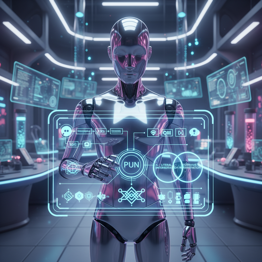 A sleek, modern robot standing in front of a digital whiteboard, on which complex linguistic structures of a pun are being analyzed with diagrams and arrows, all in English. The robot's face remains expressionless, showing no sign of understanding the humor. The background is a vibrant, futuristic research lab with soft blue and purple lighting. No visible text in image, only diagrams.