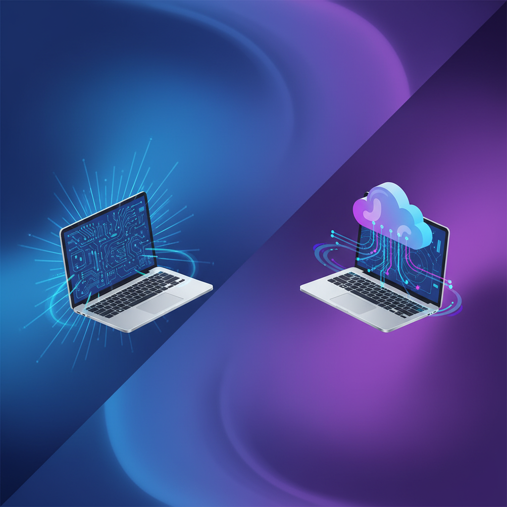 A split image or infographic. On one side, a sleek laptop (representing Copilot Plus PC) with subtle glowing lines indicating local AI processing. On the other side, a cloud icon with data streams flowing to and from the laptop, symbolizing cloud AI. The background is a dynamic gradient of blue and purple. Style: clean infographic, modern layout, high contrast. No visible text. No empty margins, bright, balanced lighting.