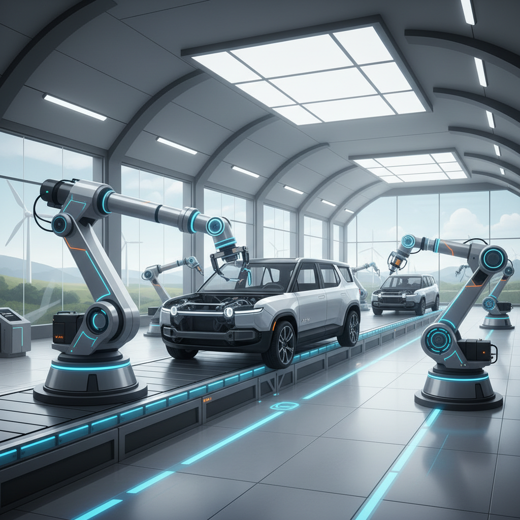 A modern, clean infographic showing an advanced robotics arm assembling a car part inside a sleek Rivian factory. The environment is well-lit and futuristic. No text in image.