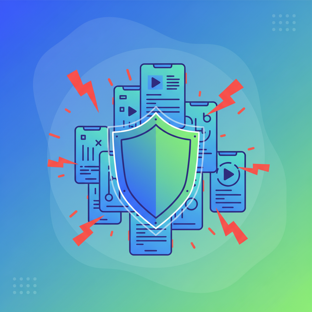 A modern infographic showing a shield icon protecting various short video clips (reels) on mobile screens. Clean lines, high contrast, vibrant blue and green colors, with a subtle gradient background. No visible text in the image.