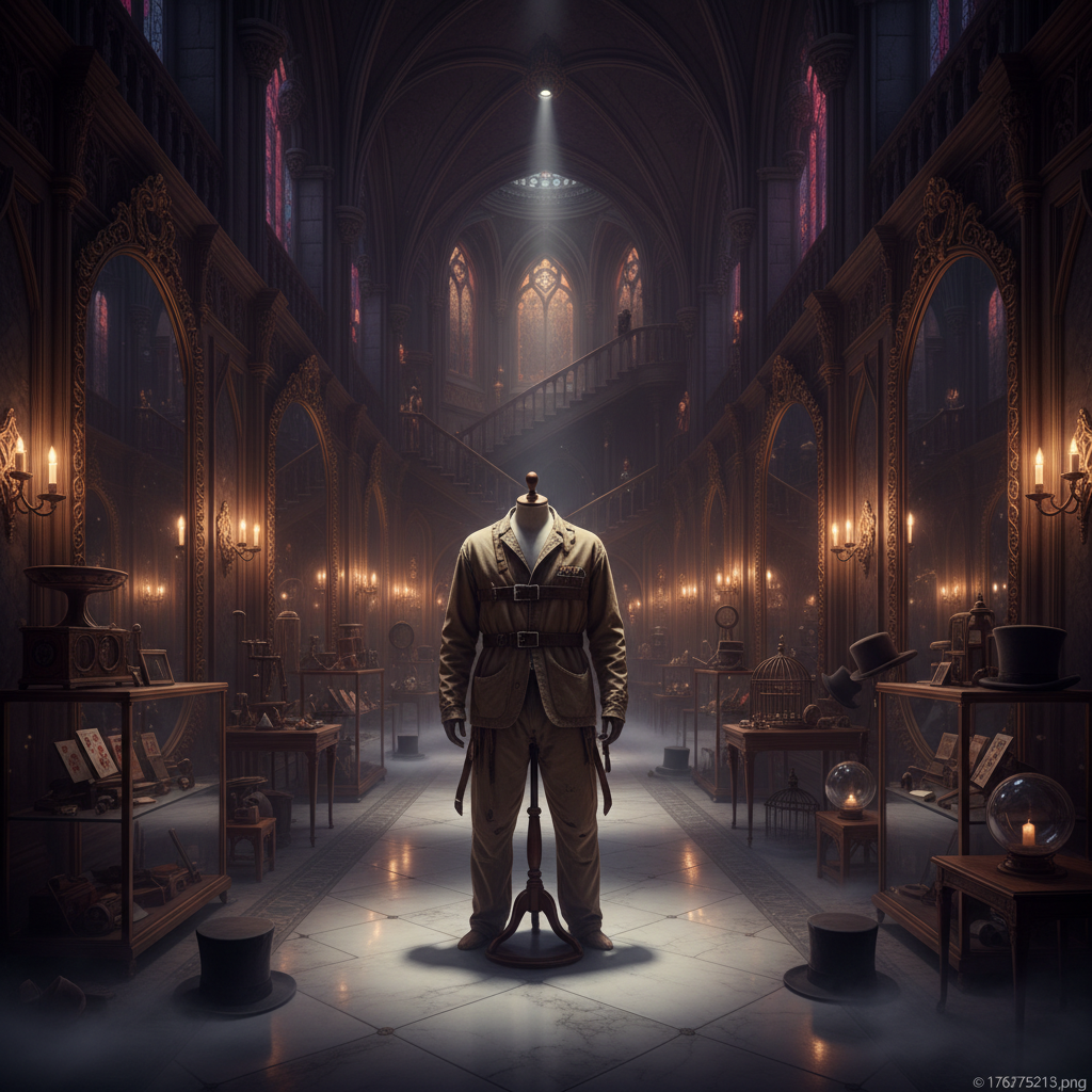 Dramatic scene of a magician's mansion interior with hall of mirrors, vintage magic props and Houdini straitjacket display, mysterious purple and gold lighting, theatrical atmosphere, gothic architecture elements, cinematic photography style, no text