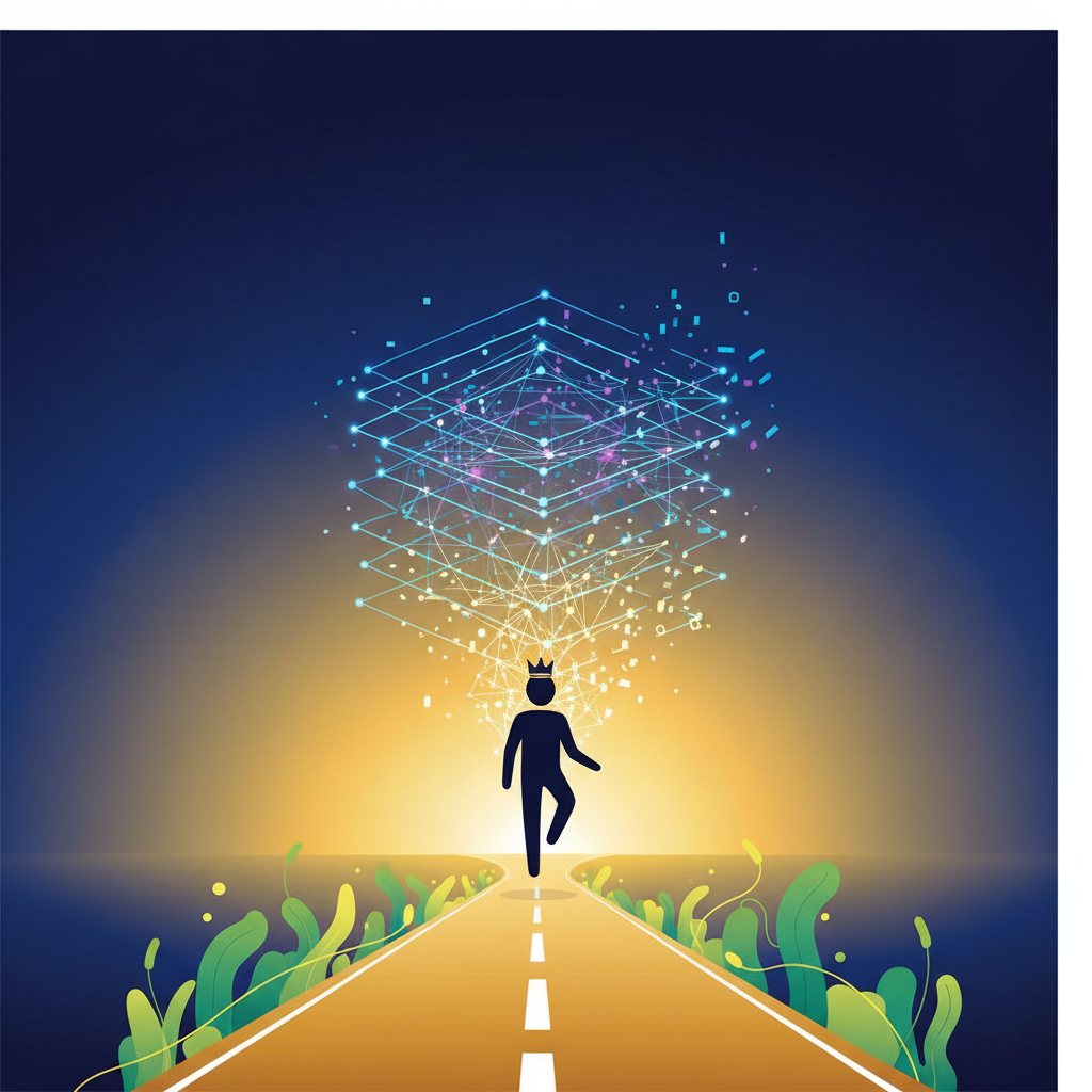A symbolic image of a leader stepping down from a decentralized social network, with an open road ahead, conveying a sense of new beginnings and freedom. Style: clean infographic, modern layout, high contrast. No visible text, colored background, no empty margins, centered focus.