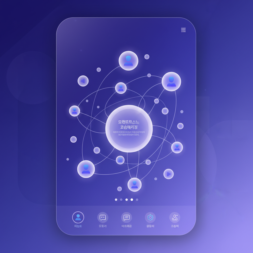 A modern social media interface showing a decentralized network concept with interconnected nodes and user profiles, clean infographic style, vibrant purple and blue color scheme, digital illustration with soft lighting, Korean user interface elements visible, no text in image