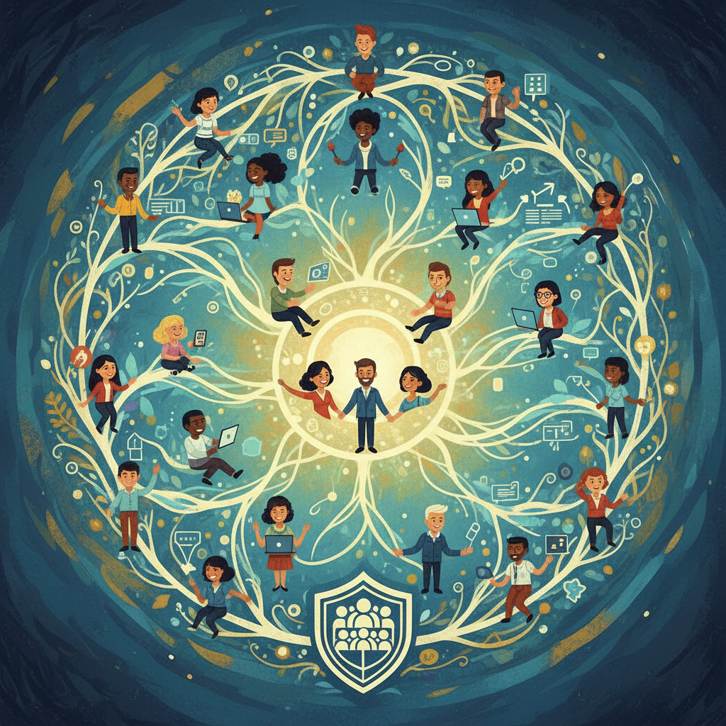 A stylized illustration of diverse people interacting happily within a secure, open network, without any towering figures or corporate logos, symbolizing a 'billionaire-proof' social media platform. Style: illustration, artistic rendering, textured background. No visible text, colored background, no empty margins, centered focus.