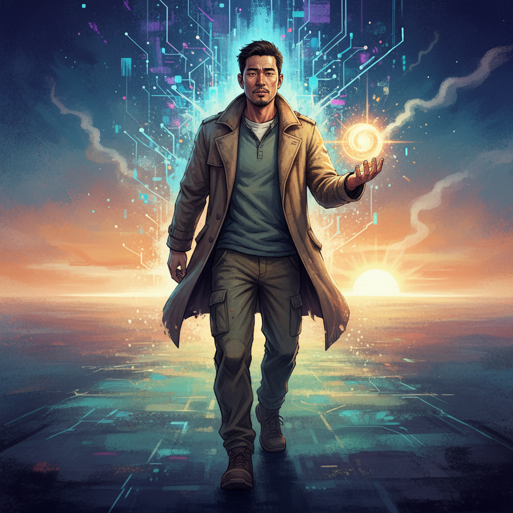 A man looking tired but determined, stepping away from a complex digital network structure, symbolizing burnout and the need for new leadership. Style: illustration, artistic rendering, textured background. Korean appearance, natural expression, bright lighting, centered focus, colored background. No text.