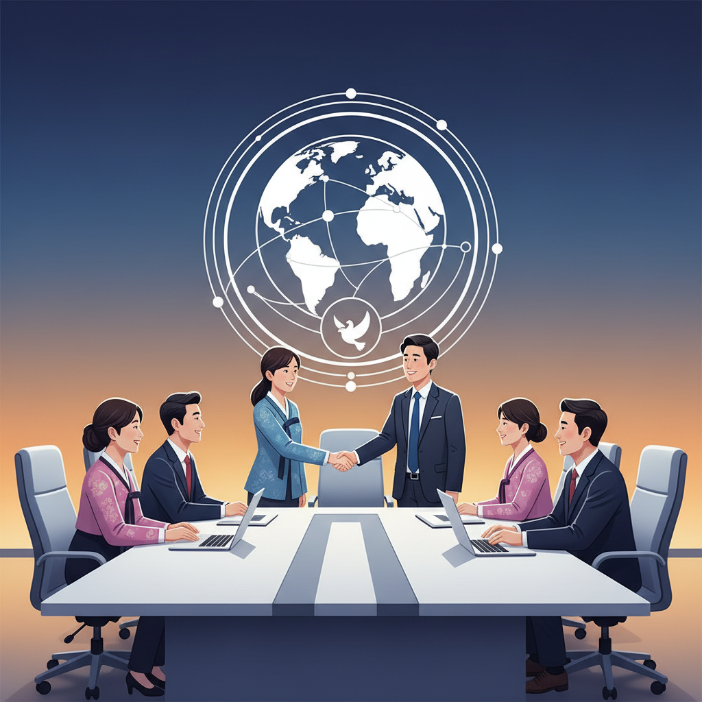 A group of diverse professionals in a modern boardroom setting, symbolizing new leadership and a non-profit transition for a social network. Style: clean infographic, modern layout, high contrast. Korean appearance, natural expression, bright lighting, centered focus, colored background. No text.