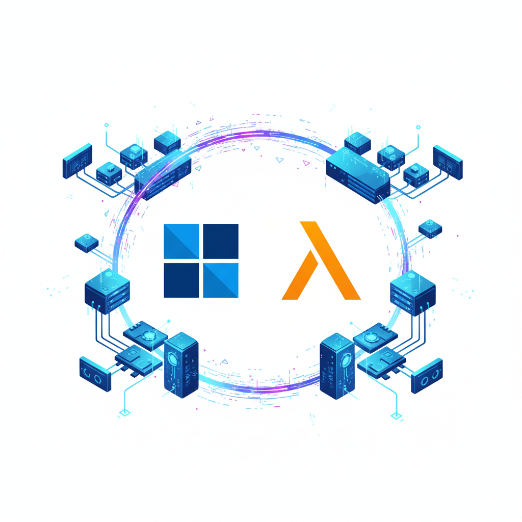 clean infographic, modern layout, high contrast. Two stylized corporate logos (representing Microsoft and Lambda) are connected by a glowing line of data or energy, symbolizing a strong partnership. Surrounding them are abstract representations of AI infrastructure, such as interconnected GPU nodes. A sense of technological advancement. No visible text in image. No Korean characters.