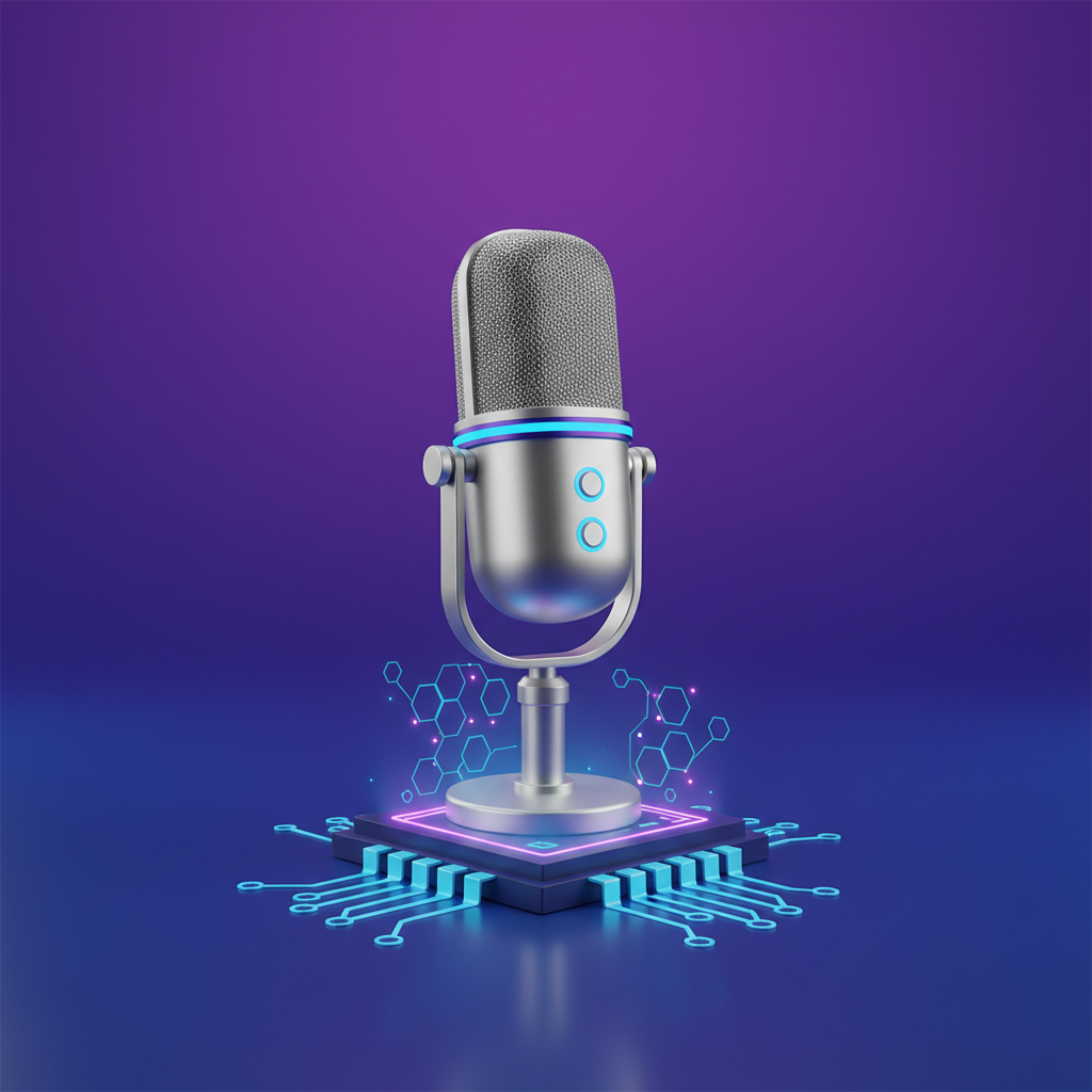 A sleek modern studio with a high-tech microphone and an AI chip prominently displayed. The background is a gradient of deep blues and purples, conveying innovation. No visible text, clean infographic style.