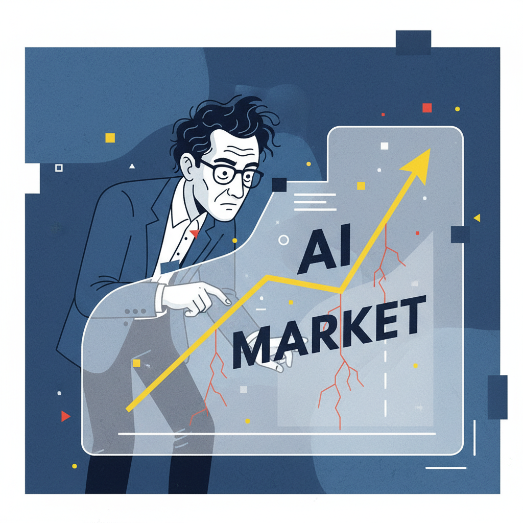 A thought-provoking illustration of a financial analyst, reminiscent of Michael Burry, looking critically at a soaring stock chart labeled "AI Market," with subtle signs of instability. Clean infographic style, high contrast, textured background, no visible text.