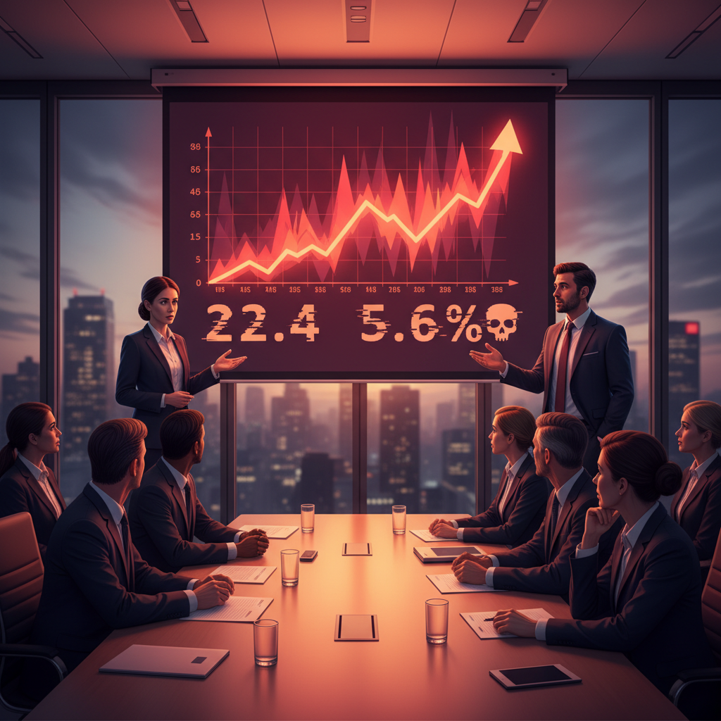 Business presentation slide showing exaggerated threat graphs and alarming statistics about AI cybersecurity, corporate meeting room setting, professional presenters, dramatic red and orange color scheme, realistic business illustration, no text in image
