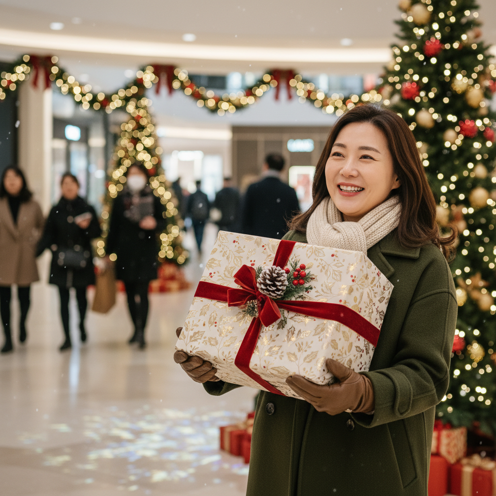 A Korean parent holding a beautifully wrapped gift, looking happy and relieved after a successful Christmas gift shopping experience. Festive, yet not overly commercial background. Style: lifestyle photography. No text.