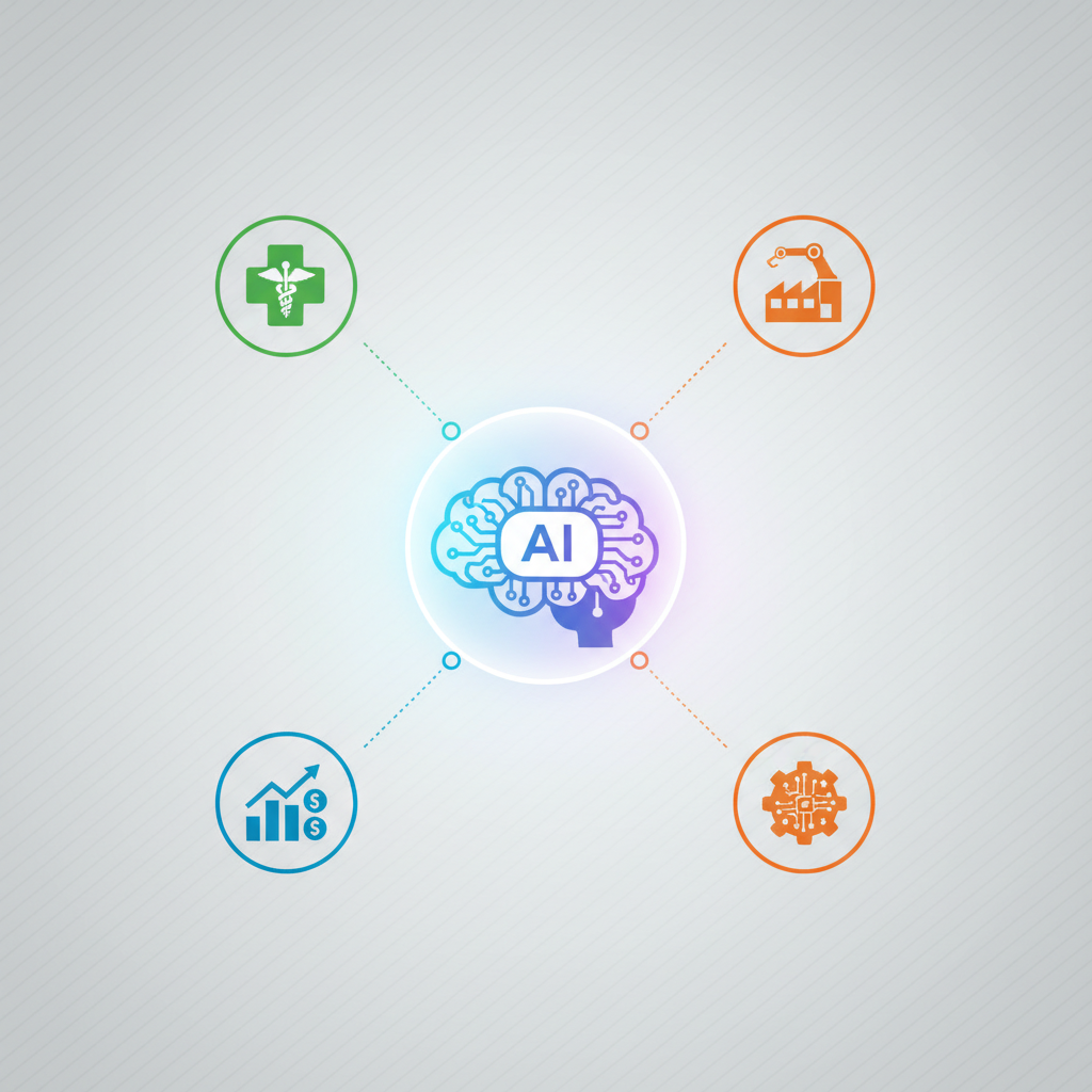 A clean infographic showing a central AI model icon branching out into various industry-specific icons like a medical cross, a finance graph, and a tech gear. Each branch represents customization for that vertical. The overall layout is modern with a textured background. Bright, balanced lighting, no text.