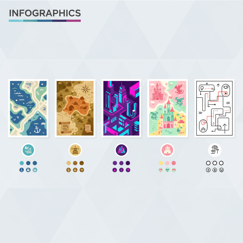 An elegant infographic showcasing different map styles with varied color palettes and icons, demonstrating customization options. The background has a subtle geometric pattern, bright balanced lighting, clean infographic style. No text.