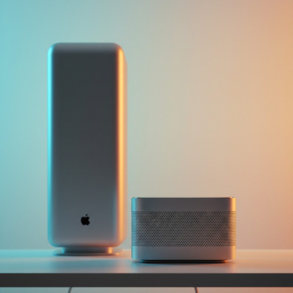 A sleek, futuristic Apple Mac Pro tower subtly placed behind a more compact, modern Mac Studio. The Mac Pro looks slightly faded or in the background, symbolizing it being 'on the back burner,' while the Mac Studio is in sharp focus, bathed in bright, optimistic light. Emphasize the contrast in focus and design. Colored gradient background. No visible text.