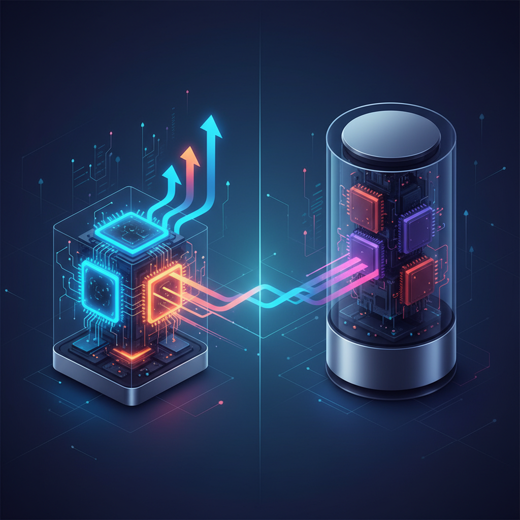 A side-by-side comparison infographic illustration of two powerful desktop computers, one representing Mac Pro and the other Mac Studio. The Mac Studio side features bright, dynamic visual indicators of superior performance and value (e.g., more vibrant processing cores, faster data flow), while the Mac Pro side is visually less energetic and has fewer glowing components, implying less practical advantage despite its larger size. Modern tech design with abstract performance metrics, no text. Gradient tech background. No visible text.
