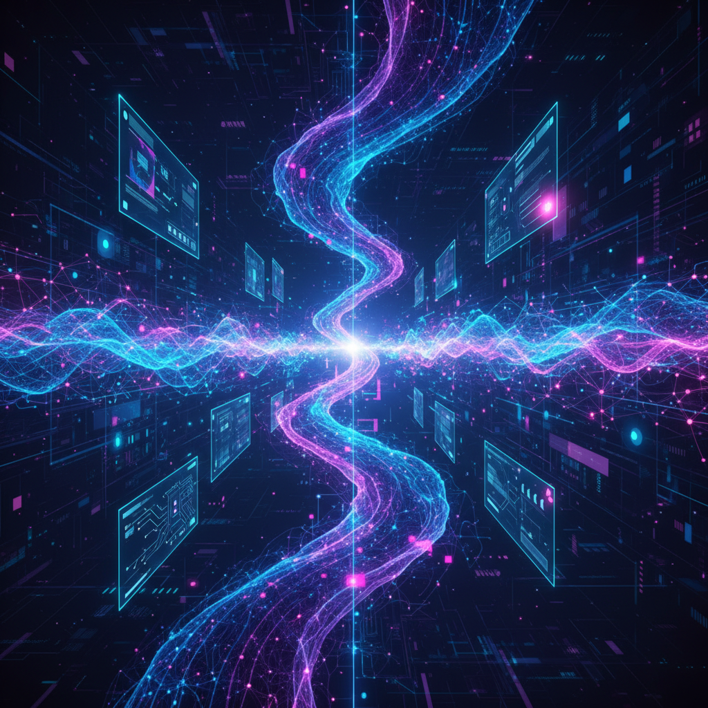 Abstract visualization of machine learning process with flowing data streams, neural network patterns in vibrant blue and purple gradients, digital interface elements, futuristic aesthetic with depth, textured technological background, centered composition, bright balanced lighting, no text in image