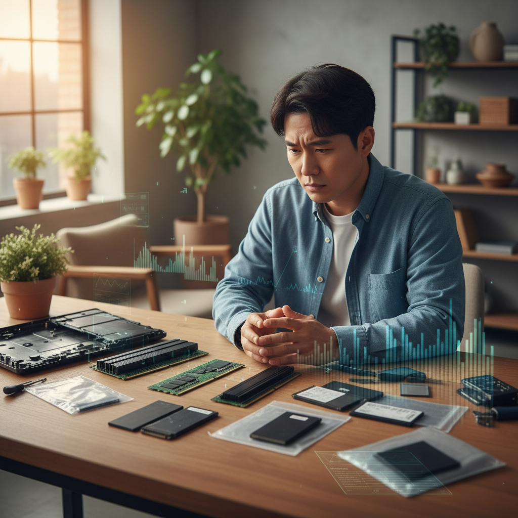 A Korean person with a worried expression, sitting at a desk with computer components like RAM sticks and SSDs. The background is a modern workspace with subtle digital interface elements, representing the tech market. Style: lifestyle photography, warm lighting, natural setting. No visible text in image.