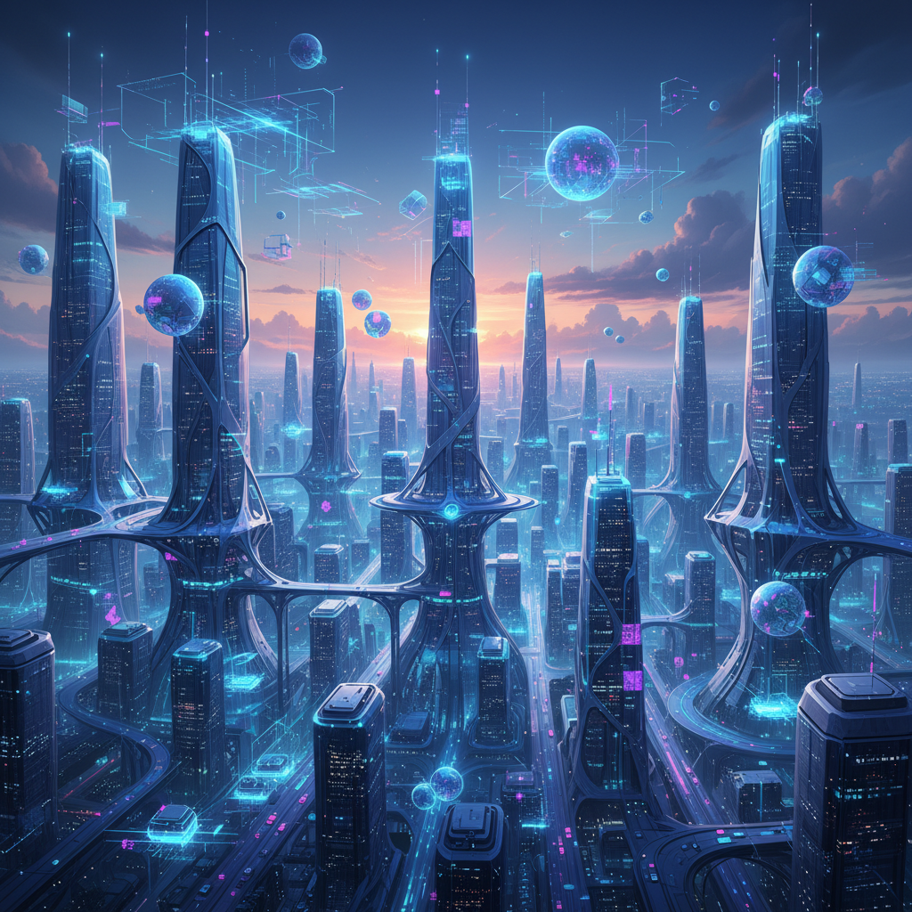 A futuristic cityscape with various interconnected AI elements, symbolizing innovation and future possibilities, with Meta's brand colors subtly integrated. Style: conceptual illustration. No text.