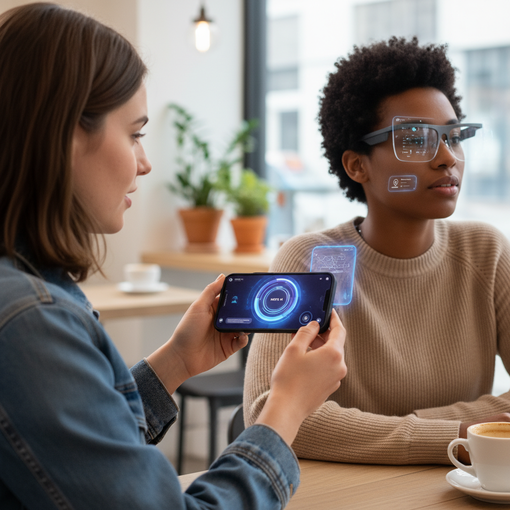 A person interacting with a Meta AI assistant interface on a smartphone, and another person wearing Meta Vanguard smart glasses in a daily life setting. Showcase both products in use. Style: lifestyle photography. No text.
