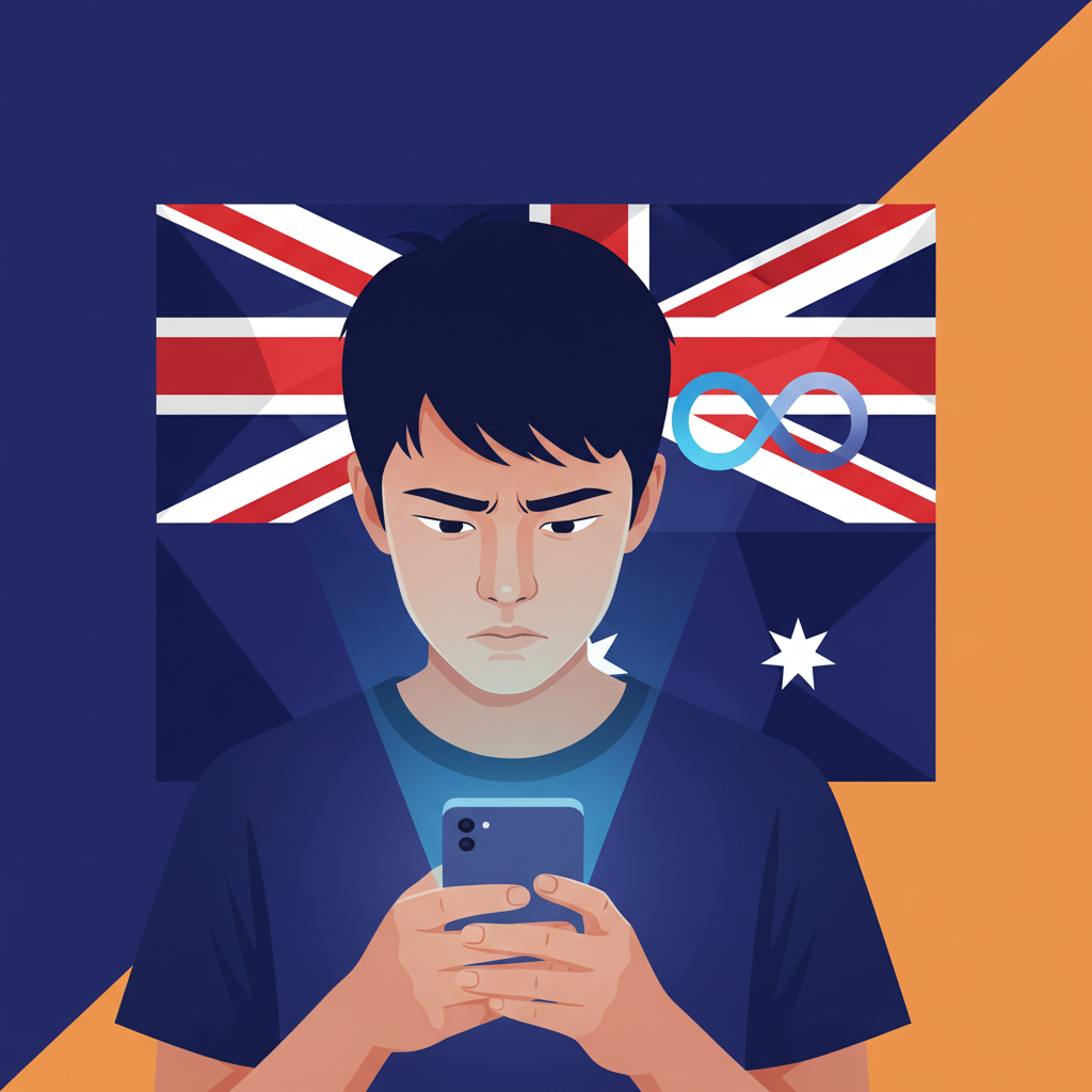 A young Korean teenager looking at a smartphone, with the Meta logo subtly integrated into a stylized Australian flag background. The scene should convey a sense of contemplation or mild concern. Style: modern infographic, high contrast, colored background. No visible text.