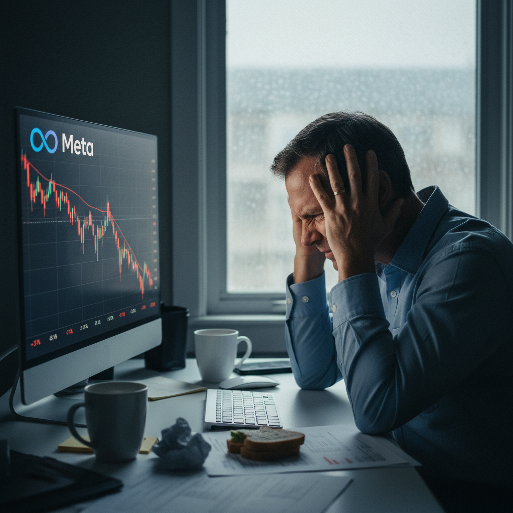 A frustrated investor looking at a declining stock chart with Meta's logo. The atmosphere is tense and uncertain. Style: lifestyle photography. No text.