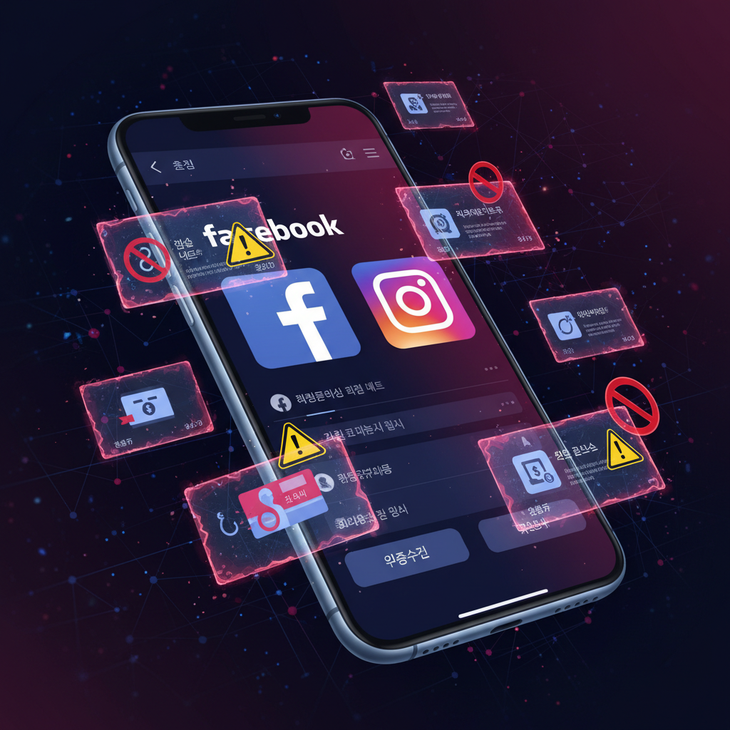 A digital illustration showing a smartphone displaying Facebook and Instagram apps with warning symbols and fraudulent ad notifications floating around it, dark blue and red color scheme, modern tech aesthetic, realistic lighting, Korean user interface elements visible, no text in image
