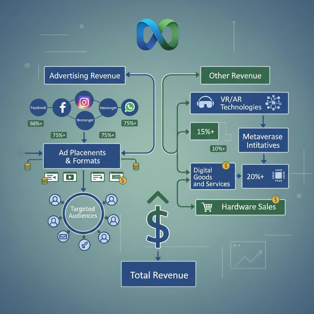 A sophisticated business illustration showing a flowchart or diagram of Meta's revenue system with advertising elements, dollar signs, and percentage indicators, corporate blue and green colors, professional lighting, modern business aesthetic, no text in image