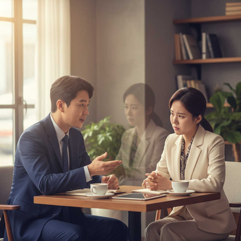 A man and a woman of Korean appearance are depicted in a professional mentoring setting, perhaps in an office or a cafe, engaged in conversation. The woman looks slightly confused or uncomfortable. Behind them, a subtle, almost abstract, shadowy figure suggests an unseen influence or third party. The scene has natural, warm lighting.