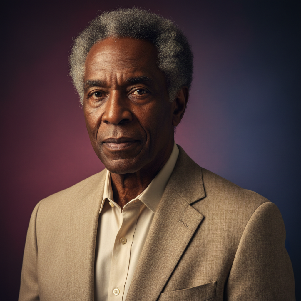 Professional portrait of an elderly African American male actor with distinguished features and gray hair, wearing elegant light jacket, warm studio lighting with rich burgundy and deep blue gradient background, cinematic photography style, dignified expression, no text