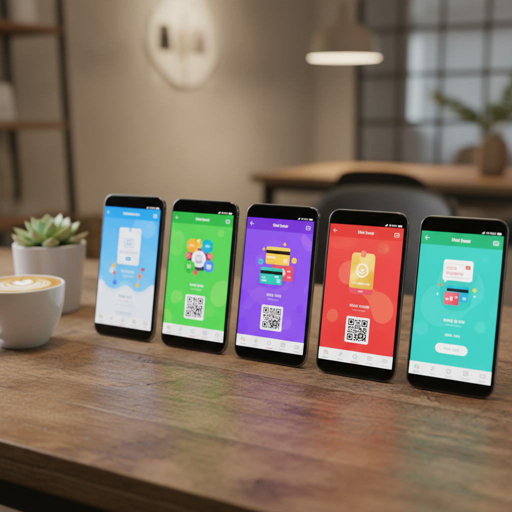Multiple smartphones displaying different mobile payment apps side by side on wooden desk, warm indoor lighting, lifestyle photography, natural setting with coffee cup, comparison concept, colorful app interfaces, Korean office environment, no text visible in image