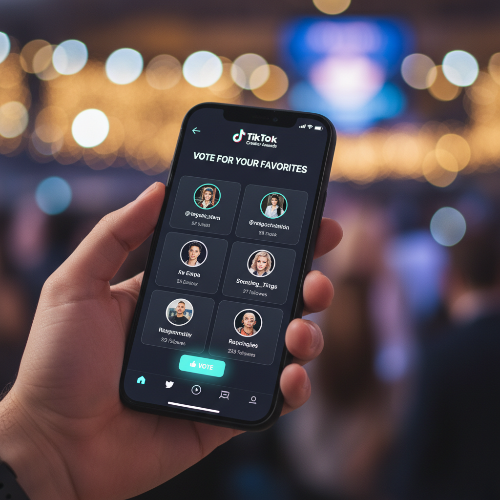 A hand holding a smartphone, with the screen displaying a TikTok awards voting portal. Multiple creator profiles with "vote" buttons are visible. The background is a soft, blurred glow of an event. Style: clean user interface photography with a human element, no text in image.