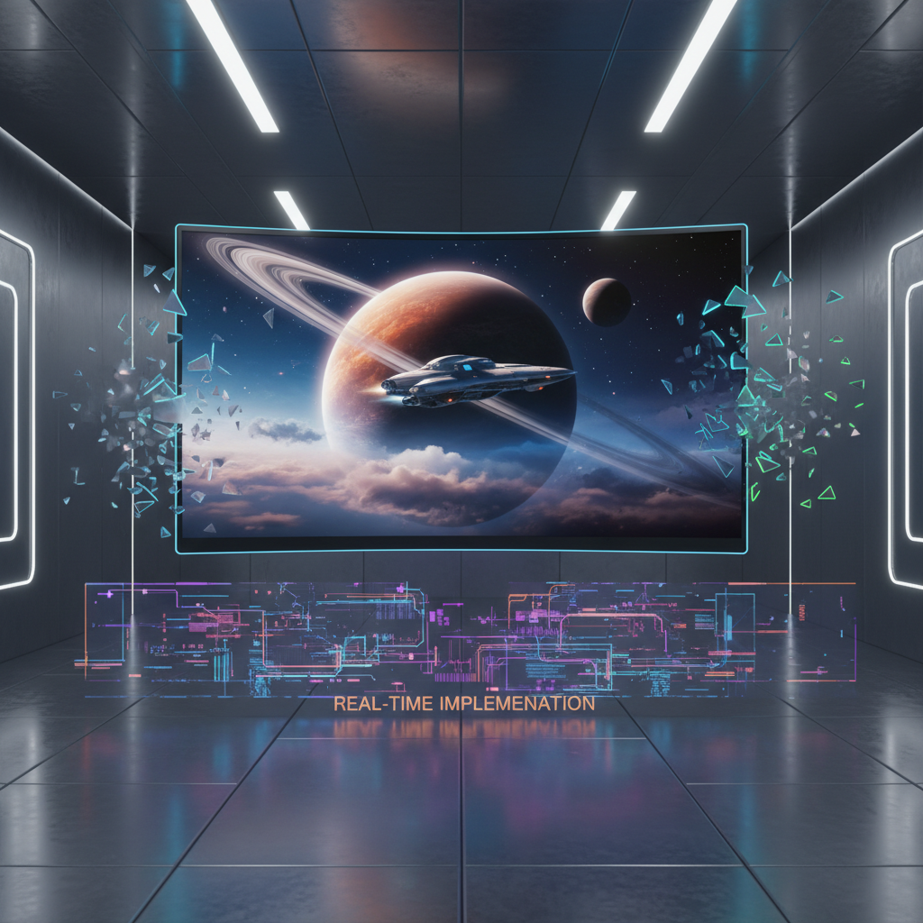 A futuristic television screen displaying a perfect, artifact-free cinematic image. Around it, elements representing challenges like "visual artifacts" and "real-time implementation" are shown as faint, fading obstacles, suggesting progress but also remaining hurdles. Style: futuristic tech illustration. No text.