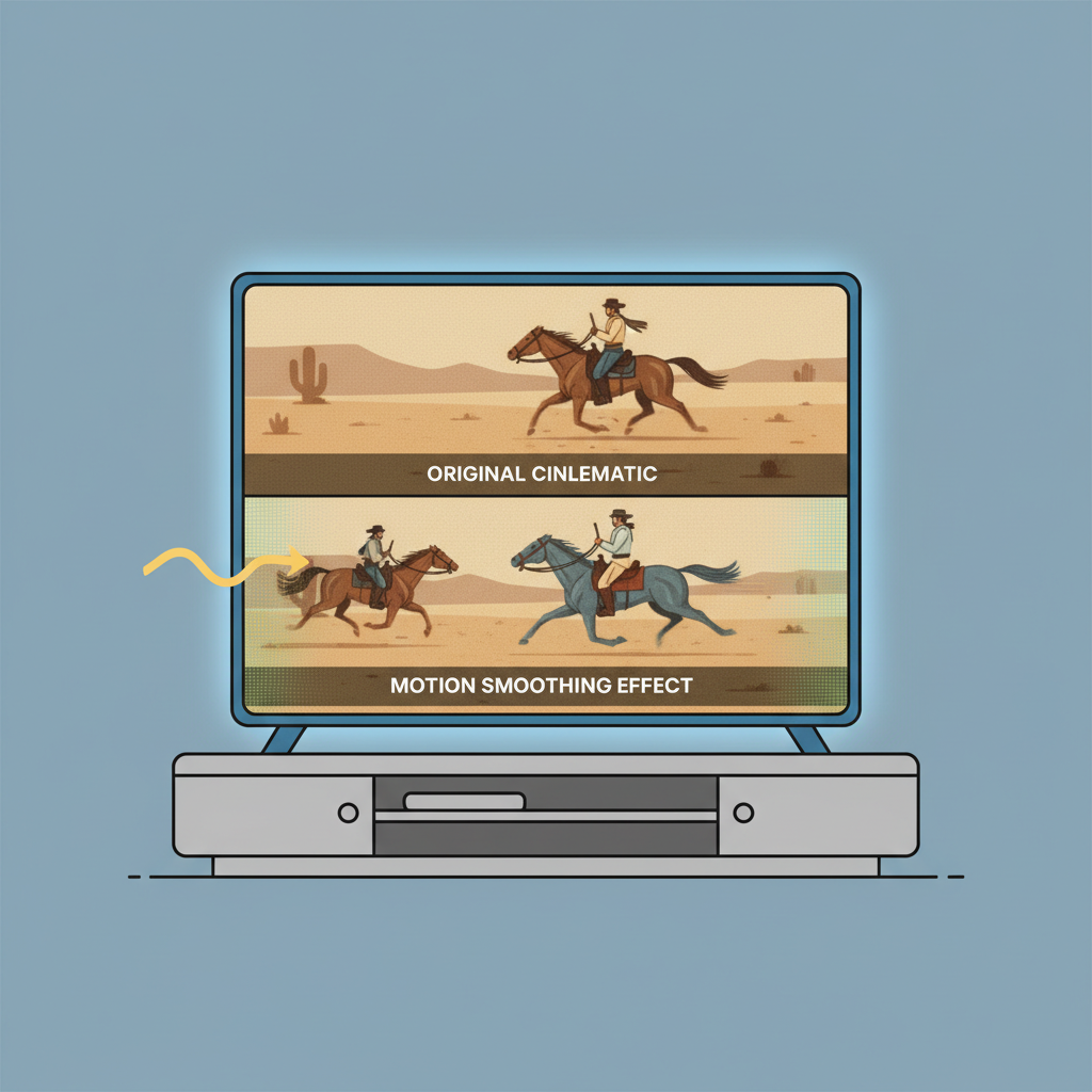 An illustration depicting a television screen displaying a movie scene with an unnatural, "soap opera effect" due to motion smoothing. The image should convey a sense of slight unease or artificiality in the motion, with a subtle contrast between the original cinematic look and the smoothed version. Style: clean infographic. No text.