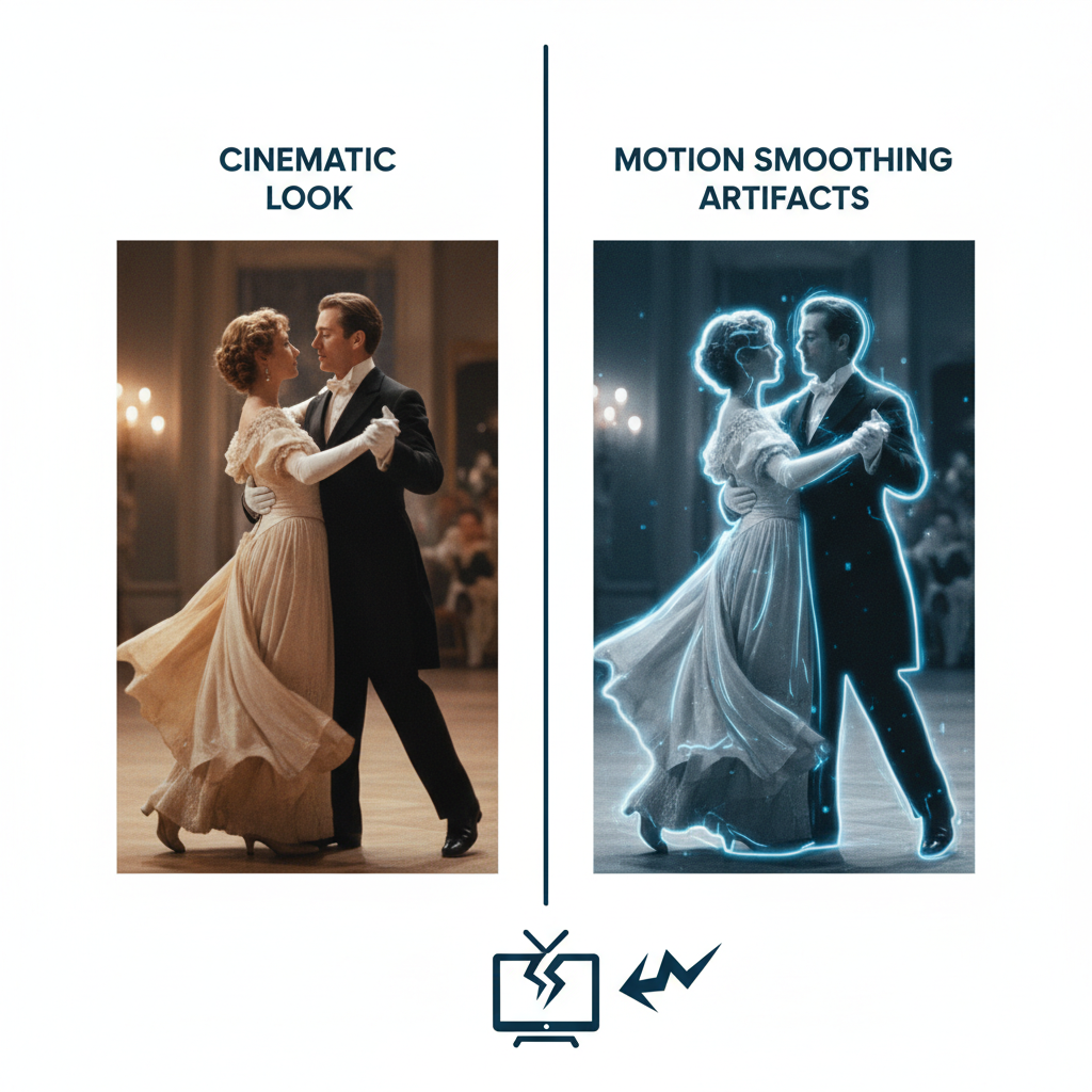 An infographic illustrating the problems caused by motion smoothing, such as the "soap opera effect" or visual artifacts like halos around moving objects. Show a split screen comparing a natural cinematic look with a subtly distorted, over-smoothed version. Style: clean infographic. No text.