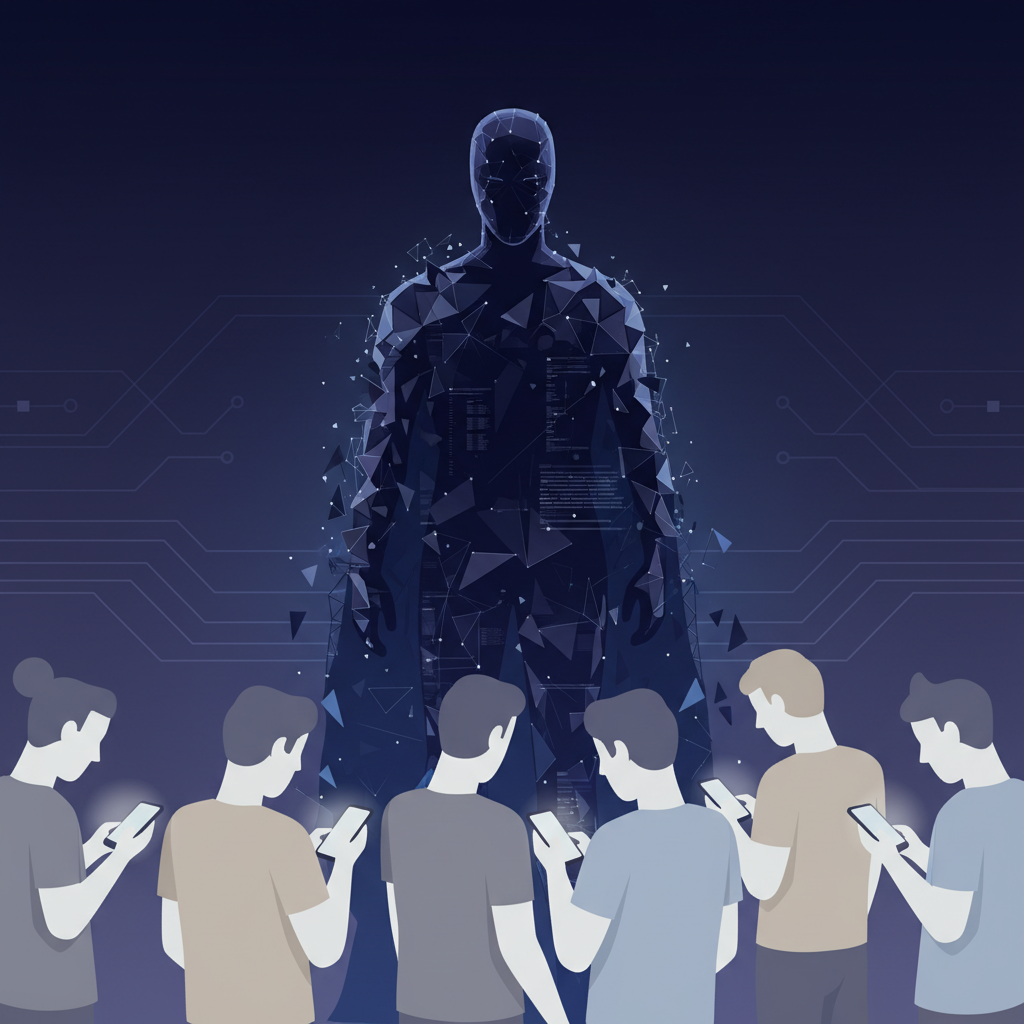 A thought-provoking infographic showing a masked figure in digital shadows, representing deepfake creators, while people in the foreground look away or appear indifferent. The background features subtle digital lines and a gradient of dark blues and purples. Style: clean infographic, modern layout, high contrast. No visible text in image.