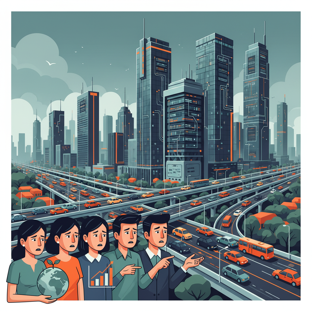 A bustling Mumbai cityscape with modern data center buildings subtly integrated into the background, hinting at high energy consumption. In the foreground, a diverse group of Korean people look concerned about environmental impact. Style: clean infographic, modern layout, high contrast. No text.