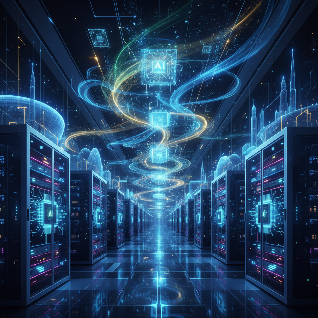 A vivid illustration of a large-scale data center in Munich, showcasing rows of glowing server racks, advanced AI chips, and an ethereal representation of data flow and AI computing power. High-tech, futuristic style, no text.