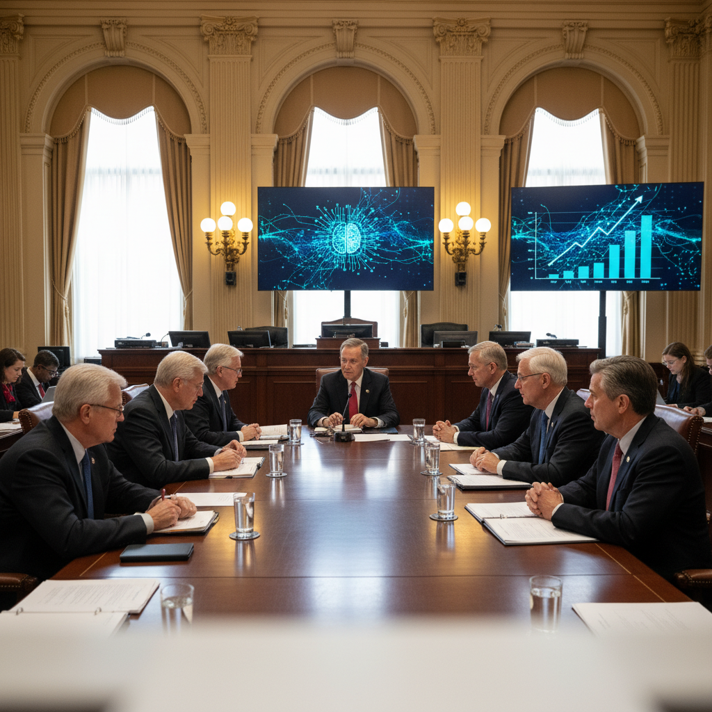A realistic image depicting a congressional meeting or a policy discussion in the United States, with a subtle focus on "AI regulation" being debated. The scene should show serious professionals in a formal setting, perhaps with some digital elements subtly suggesting AI. Natural lighting, professional ambiance, no visible text.