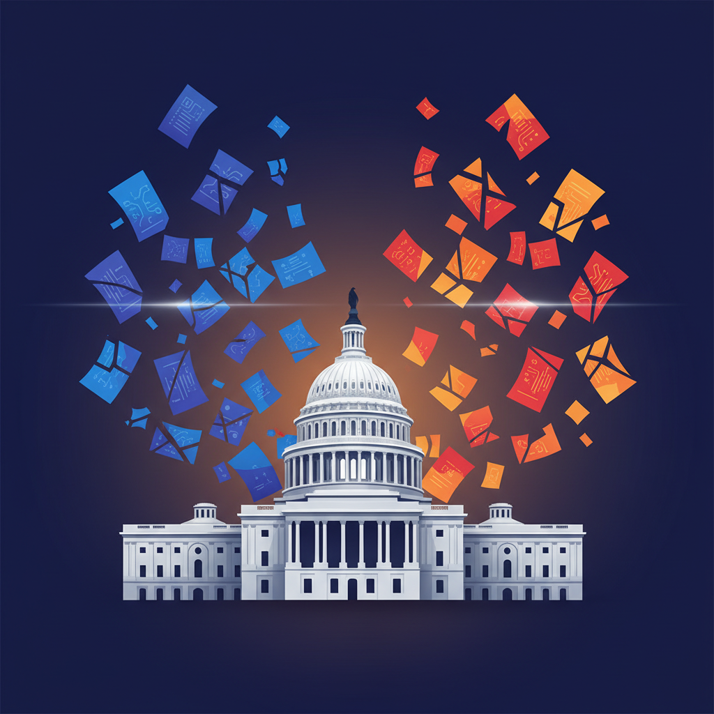 Clean infographic, modern layout, high contrast, depicting the US Capitol building with various AI regulation documents flying around, some clearly labeled 'Federal Standard' and others 'State Law'. The overall image suggests a debate or conflict between unified and fragmented regulations. No visible text. Colored background, centered focus, visually rich.