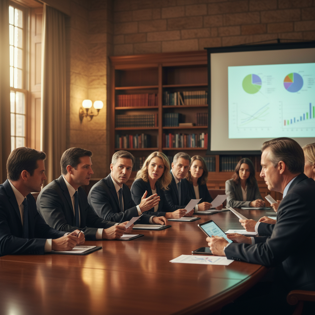Lifestyle photography, warm lighting, natural setting, showing a diverse group of US lawmakers in a legislative meeting room. They are engaged in a serious discussion, some holding documents related to AI policy, with a projected image of charts or graphs (without any visible text) in the background. The atmosphere is one of intense debate and policy formulation. No visible text. Textured background, centered focus, visually rich.