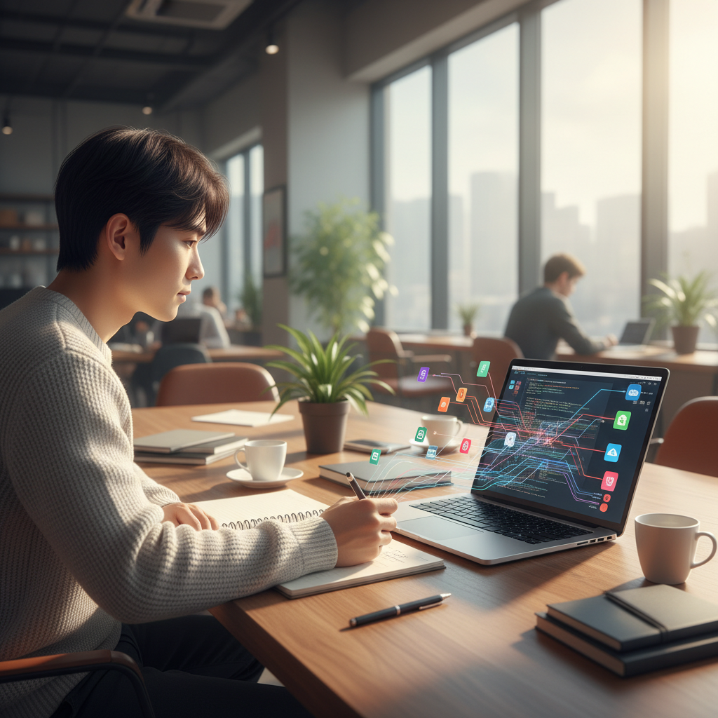 Lifestyle photography of a Korean developer in a modern, brightly lit office, looking thoughtfully at a laptop screen where abstract web development code and mini app icons are displayed. The developer is sketching ideas on a notepad. The focus is on creativity and strategic planning. The background is a soft, blurred office environment with natural lighting and warm tones. No visible text, centered focus, no empty margins.