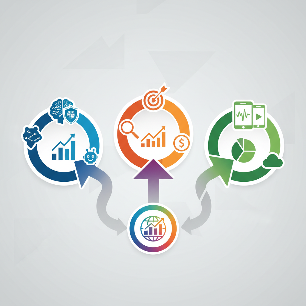 Business infographic showing diversified revenue streams for media companies, including AI licensing, performance marketing, and digital content, clean modern design with charts and icons, professional color palette, no text