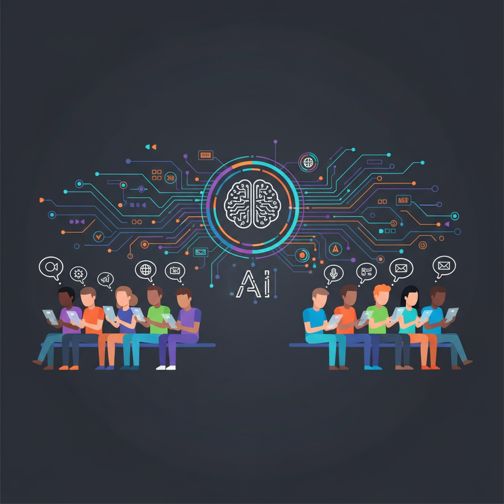 A diverse group of people (representing the audience) engaging with various digital news sources, with a background showing abstract lines or connections representing new media strategies and AI integration. Style: clean infographic, modern layout, high contrast. No visible text.