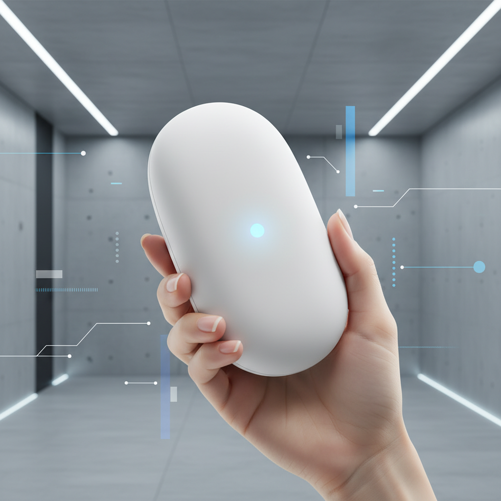 A sleek, minimalist AI device prototype, designed with a focus on simple and beautiful aesthetics, held by a person with Korean appearance in a modern, subtly lit interior. The device has no screen and reflects a futuristic yet approachable design. Style: clean infographic, modern layout, high contrast. No visible text.