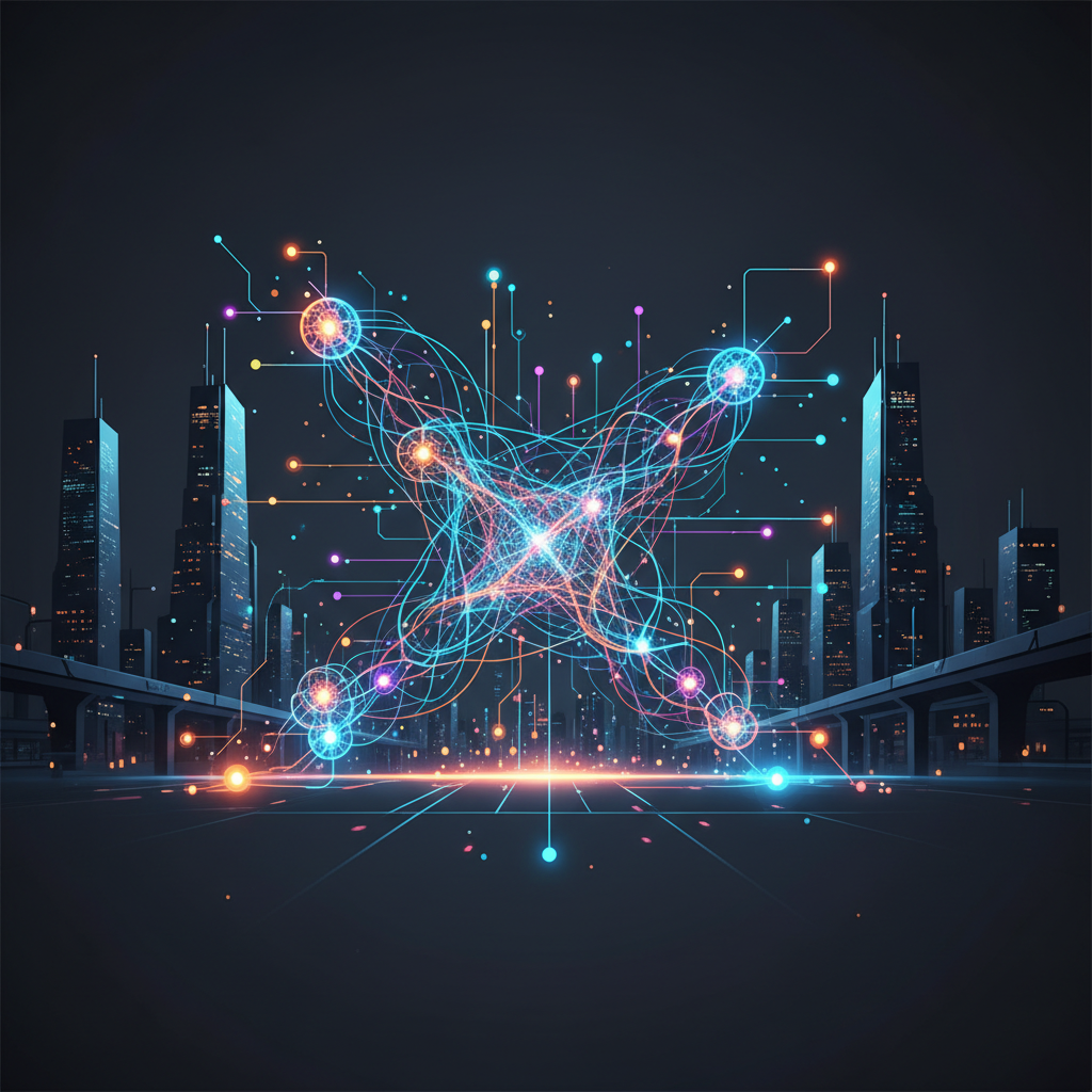 clean infographic, modern layout, high contrast. Abstract representation of interconnected AI technologies, featuring stylized neural networks, glowing data points, and futuristic cityscapes in the background, symbolizing innovation and advancement, bright, balanced lighting, no visible text.