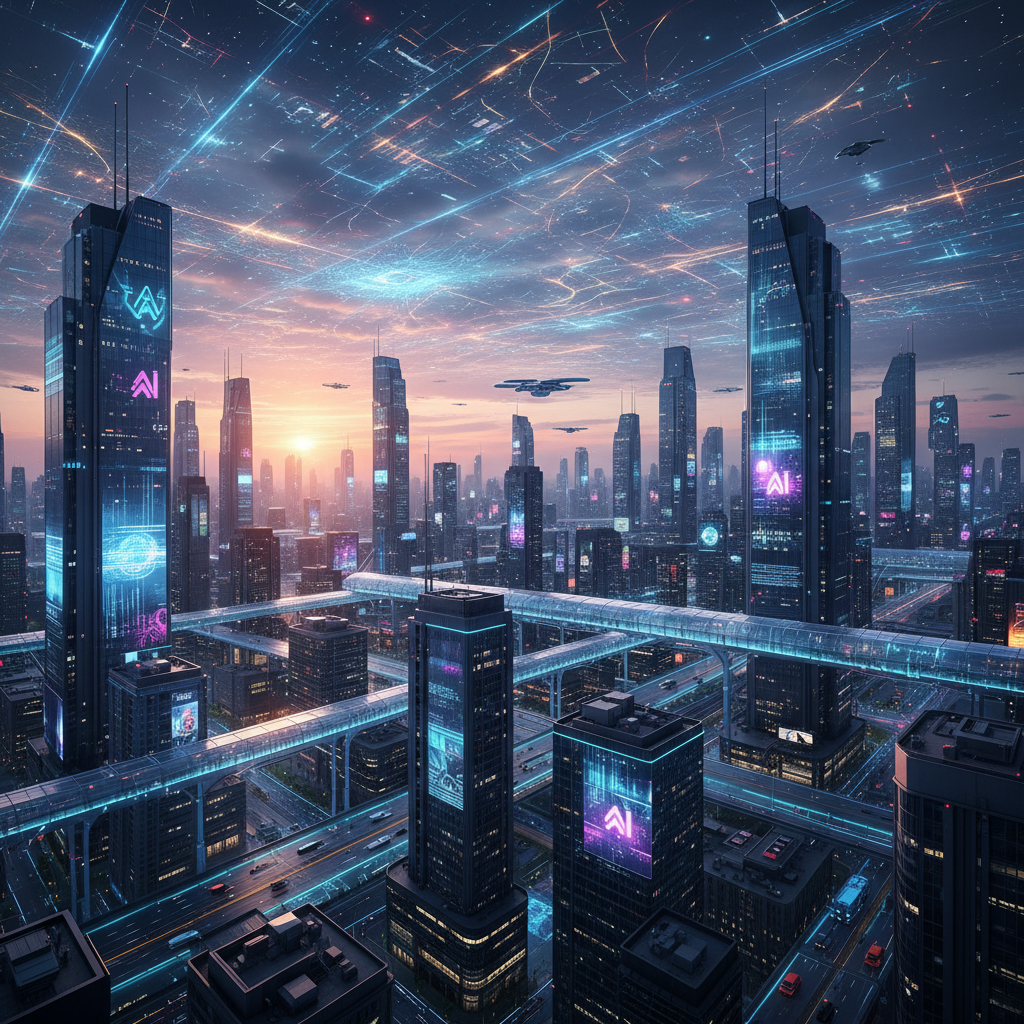 Futuristic cityscape at dusk with AI technology integration, glowing neural network patterns in the sky, modern skyscrapers with digital displays, warm sunset colors mixed with cool blue tech lighting, optimistic vision of AI future, cinematic wide angle, no text, photorealistic rendering